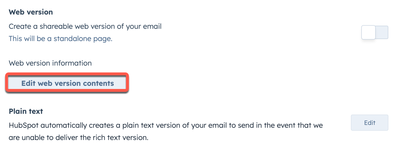 Web version section of the Setup tab, with the Edit web version contents button highlighted.