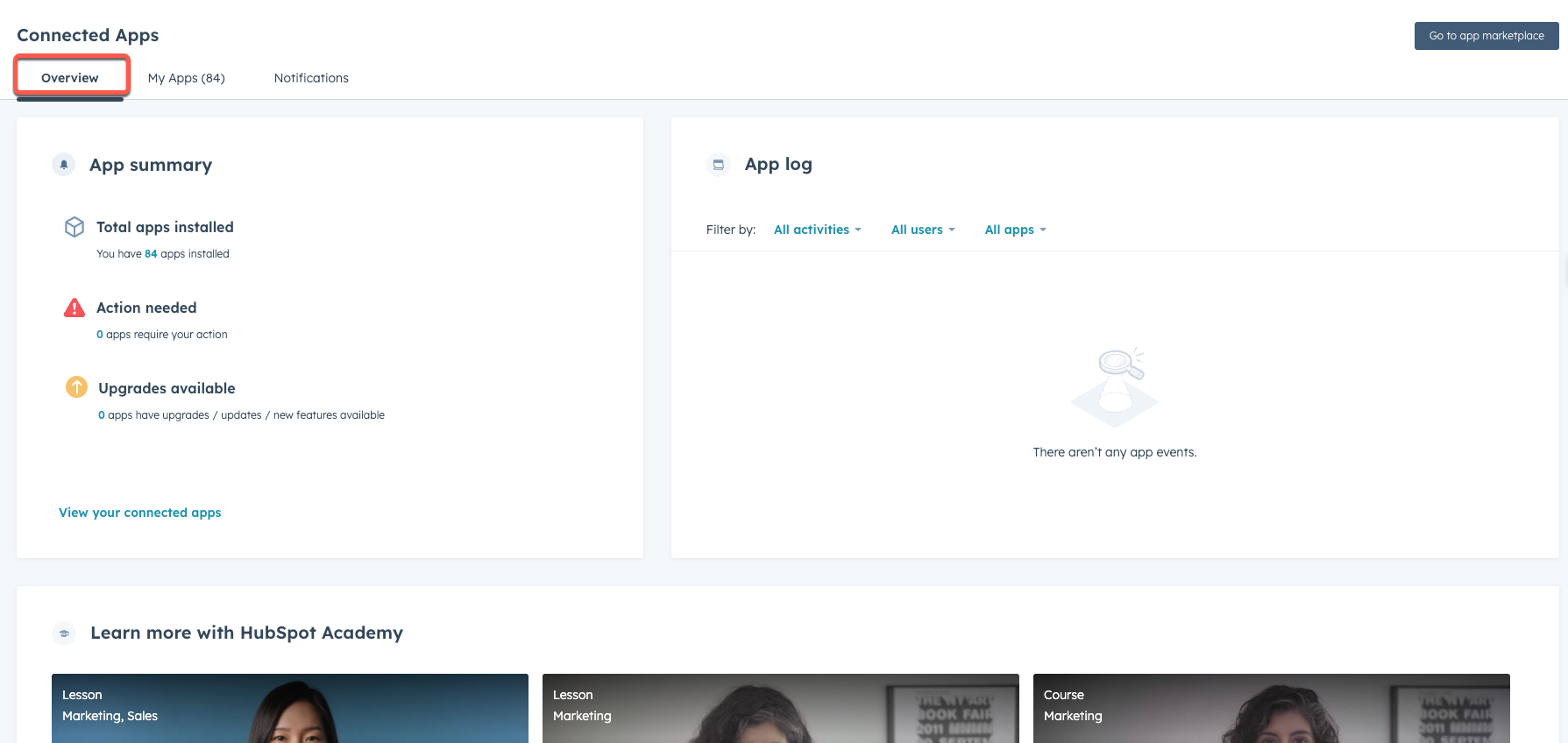 screenshot showing Overview tab in Connected Apps page in HubSpot