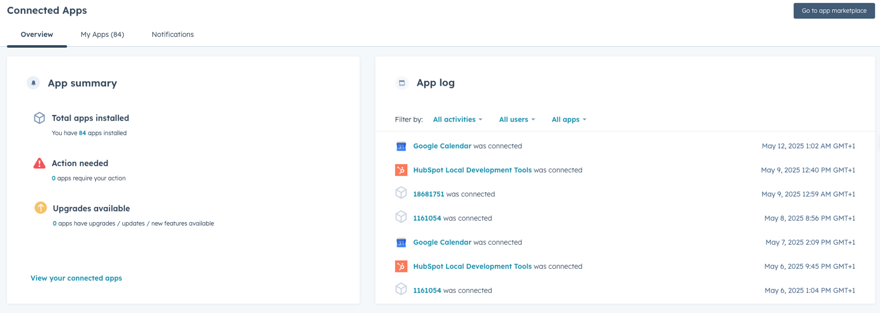 screenshot showing app summary and app log on Connected Apps page