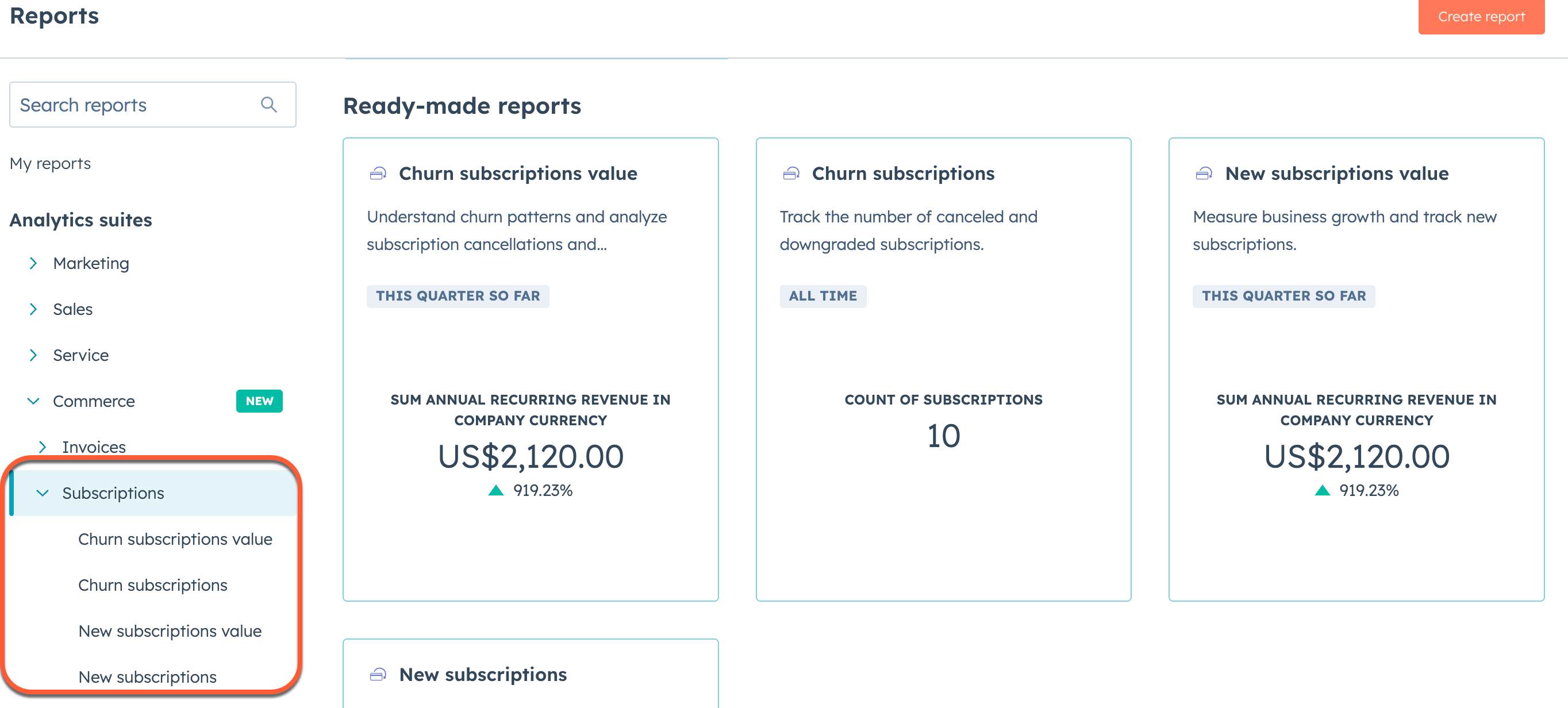 HubSpot subscriptions analytics dashboard showing charts for MRR, ARR, and active subscriptions, with filters for date range and other metrics.